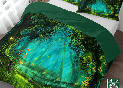 SOULZZZ Forest Comforter Set Queen Size Premium Microfiber Green Forest Mushroom Butterfly Flower Pattern Comforter 3 Piece Aesthetic Green Bedding Set with 2 Pillow Shams