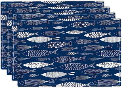 Japanese Fish Placemats Set of 4, Blue Fishing Country Double-Sided Table Mats for Kitchen Dining Room Home Party Indoor Decor 4 PCS 12x18 Inch