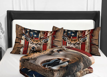 Nttopship Deer Hunting Comforter Sets Twin Size,American Flag Bedding Set 3 Piece for Girls Women Teens Adult Kids Boys,Woodland Moose Wildlife Room Decor Comforter Set with 2 Pillowcases