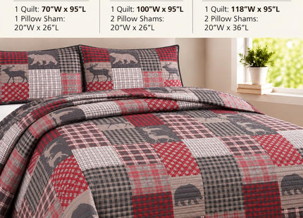 Rugs 4 Less Rustic Log Cabin Lodge Quilted Grey Charcoal Deep Red Reversible Plaid Bear Patchwork Bedspread Coverlet Bedding Set - Plaid Bear (King/Cal-King)