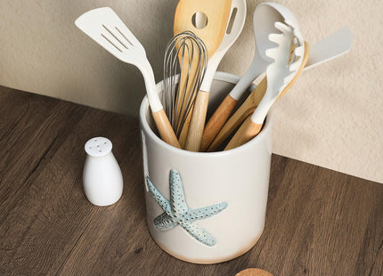 Bicuzat Ceramic Starfish Embossed Utensil Holder, Large Cooking Utensil Crocks for Countertop, Ocean Style Utensil Organizer for Spatula