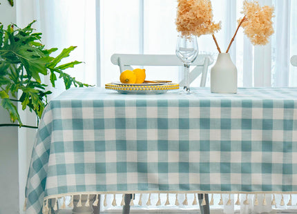 Midsummer Breeze Coastal Aqua Checkered Tablecloth Square 55”x55”