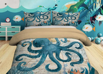 MUSOLEI Ocean Comforter Set Queen Size Four Seasons Quilt Kids Octopus Bedding Collections Soft for Teen Boys Turquoise Ocean Themed Mediterranean Style Printed Quilt Set Kids Gift