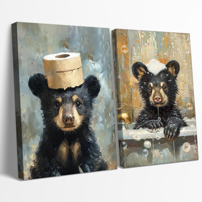 BHSUUHIT 2 Pcs Bear Bathroom Wall Art Funny Bathroom Animal Pictures Prints Black Bear Wall Decor Sitting in Bathtub Canvas Cute Humorous Posters Ready to Hang Home Decor(8x10in Canvas)