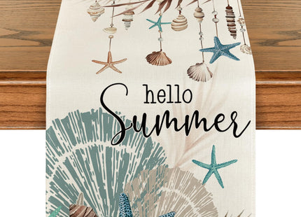 Artoid Mode Conch Starfish Hello Summer Table Runner, Sea Shell Seasonal Kitchen Dining Table Decoration for Home Party Decor 13x60 Inch