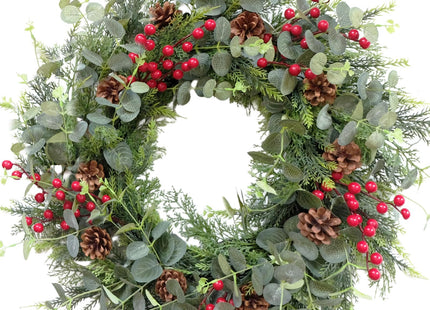 Egolot 24 Inch Christmas Eucalyptus Red Berries Wreath for Front Door, Winter Green Eucalyptus Leaves Wreath with Pine Cone for Indoor Outdoor, Xmas Wreaths Home Decor