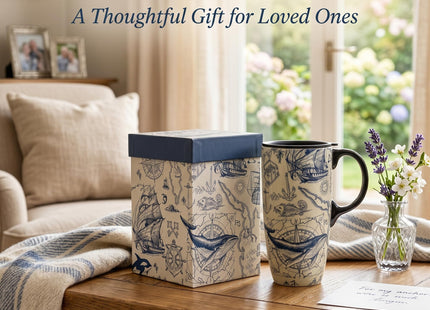 Topadorn 17oz Ceramic Travel Mug with Lid, Nautical Map Coffee Mug