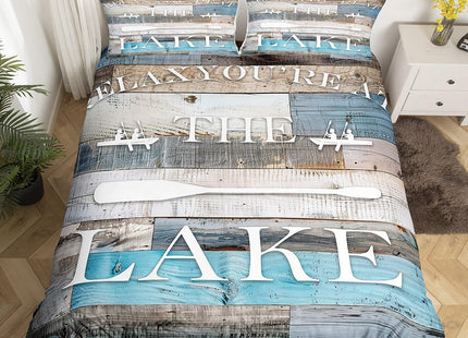 Lake House Bedding Set Rustic Farmhouse Duvet Cover Full Size Blue Grey Retro Wooden Comforter Cover 3pcs for Kids Adults Men Teens Bedroom Decor,Lake Life White Cabin Quilt Cover, (No Comforter)