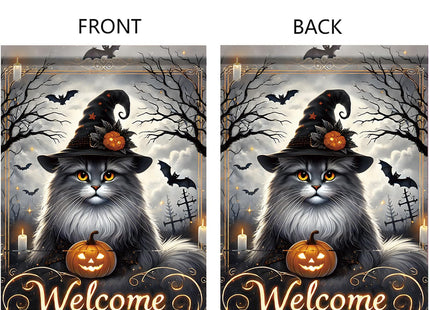 Starlit Patio Halloween Welcome Garden Flag Maine Coon Cat 12x18 Inch Double Sided Witch Pumpkin Outdoor Yard Flag, Spooky Farmhouse Porch Lawn Gothic Halloween Decorations for Cat Lovers
