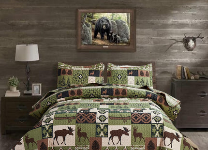 Quilts Set King Size Rustic Quilt Bedspread Coverlet King Quilt Bedding Country Lodge Patchwork Quilt Home Lightweight Reversible Bedspread Rustic Bear Bedding Cabin Moose Forest Animal Coverlet Olive