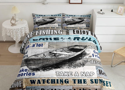 Manfei Lake House Theme Kids Comforter Set Twin Size,Boating Fishing Happy Camping Bedding Set,Girls Boys Adults Room Decor,Old Wooden Board Down Comforter,Rustic Farmhouse Duvet Insert,1 Pillowcase