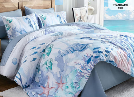 Coastal Comforter Set Queen, Coral Beach Themed Comforters Diving Deep Ocean Bedding with Sheets 7 Pieces Bed in a Bag for Spring Summer House Conch Decor