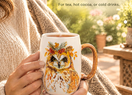 Moqidadii 24 oz Porcelain Coffee Mug, Hand-Painted Owl, Wood-Tone Handle