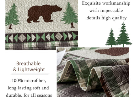 Quilts Queen Size, 3Pcs Rustic Cabin Bedspread Coverlet Set Brown Bear Green Pine Tree Bedding Set Lightweight Soft Reversible Plaid Stripe Bed Cover Set Farmhouse Decor for All Season(90"x 90")