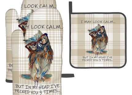 Funny Owl Oven Mitts and Pot Holders Sets of 3 Kitchen Hot Pads