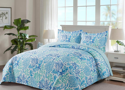 Travan Coastal Quilt Summer & All Season Lightweight Beach Quilt Bedding Set, Blue Coral Queen
