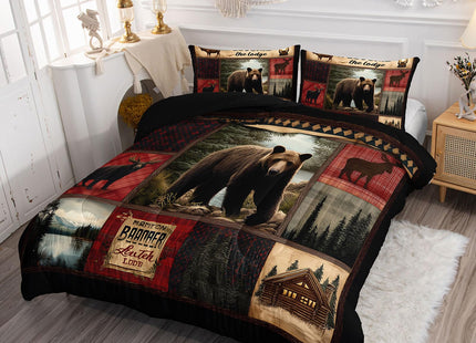 AILONEN Rustic Bear Comforter Set Queen Size,Cabin Plaid Bear & Deer Hunting Bedding Set 3 Pieces,Wildlife Woodland Themed Duvet with 2 Pillowcases