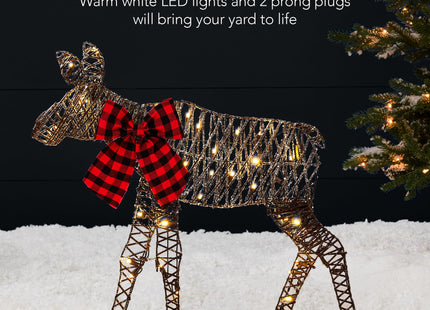 Best Choice Products 2D Moose Family Outdoor 2Pc Christmas Yard Décor, 4ft Lighted Yard Set Prelit All-Weather w/ 125 LEDs, Ground Stakes - Rattan