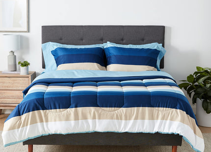 Amazon Basics Full/Queen Comforter Set with Sheets, 7-Piece Blue Stripe Bedding, Lightweight Microfiber Bed-in-a-Bag, Striped