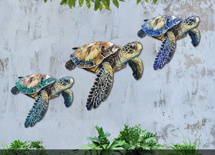 SUBOLO Metal Turtle Wall Decor Outdoor Turtle Coastal Ocean Sea Wall Art Sculptures Hanging Decorations for Bedroom, Living Room, Garden, Fence, Patio Set of 3