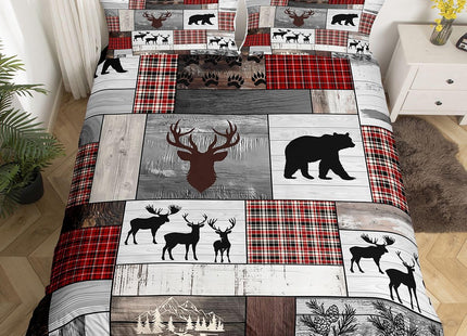 Erosebridal Hunting Deer Bear Bedding Set Twin, Rustic Elk Woodland Animal Comforter Cover Farmhouse Cabin Lodge Decor, Retro Wildlife Duvet Cover Red Black Buffalo Plaid Bedspread Cover, Grey