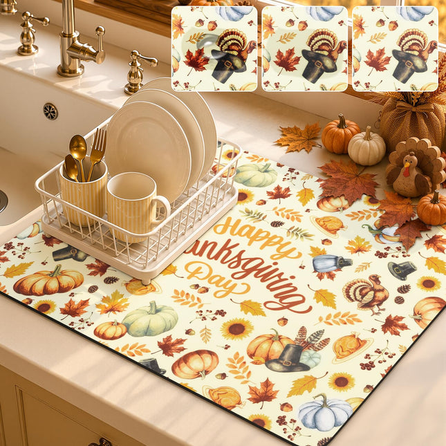 LOKHOM 18"x24" Thanksgiving Dish Drying Mat，Turkey Pumpkin Maple Leaves