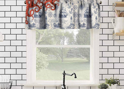 SHElifestyle Nautical Red Octopus Window Valance Curtain, Ocean Anchors Lighthouse Beach Vintage Coastal Map Pirate Ship Window Treatments Valance for Bedroom Living Room Kitchen 54x18inch