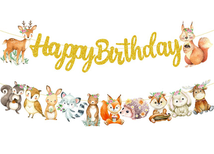 Woodland Animal Happy Birthday Banner Woodland Creatures Banner Decorations 2Pcs Forest Animals Cutout Banners for Woodland Theme Baby Shower Supplies