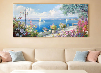 Oversized French Coastal Flower Sailboat Canvas Wall Art Framed Pastel