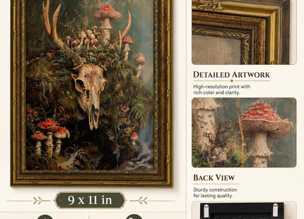 Vintage Gold Framed deer Wall Art, Deer Skull Canvas Print, 9x11 In
