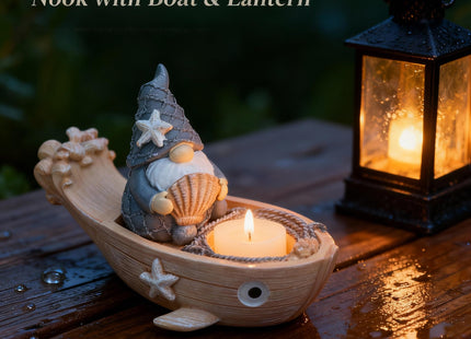 FURUBETA Coastal Garden Gnome Statue on Boat with Tealight Holder, Resin Nautical Spring Figurine for Indoor Outdoor Patio Yard Lawn, Cute Home Decor & Housewarming Gift for Women