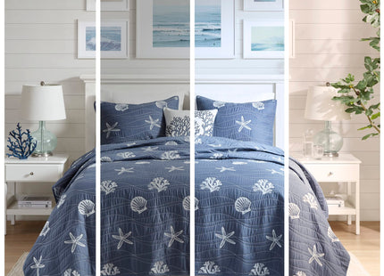 Harbor House Seaside Reversible Cotton Quilt Set Coastal Clam, Starfish, Coral Embroidery, All Season, Pre-Washed Coverlet Bedding Layer, Decorative Pillow, Full/Queen(90"x90") Navy 4 Piece