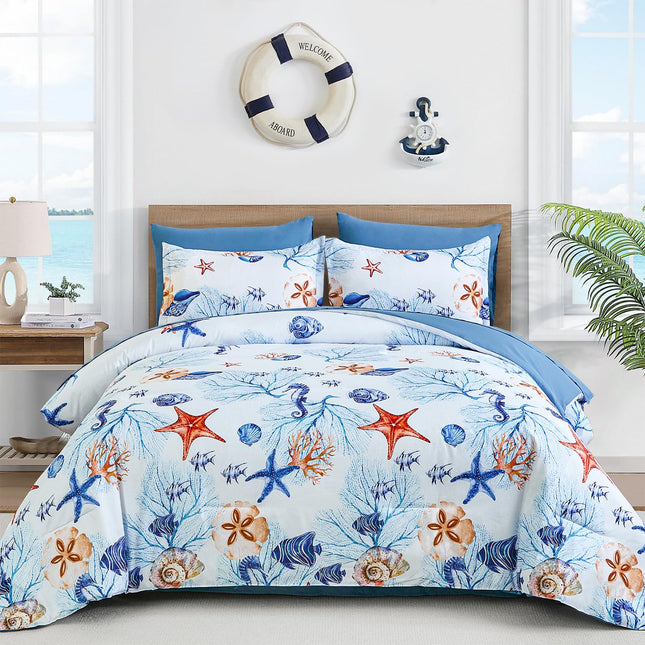 Coastal Queen Comforter Set,7 Pieces Beach Themed Sand Dollor & Starfish