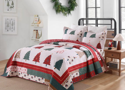 MarCielo Christmas Pine Tree Bedspread Quilt Set with Shams, Queen