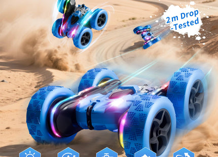 Zalneo Remote Control Stunt Car 4WD 360° Flip Double‑Sided RC Cars, LED Light Bar, USB‑C Modular Battery, 2.4 GHz Outdoor Beach Toy for Boys 6‑12 Years Old, Birthday & Christmas Kids Gift, Blue