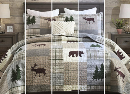 Uniclinens Quilt Set Queen Size, Cotton Quilted Quilt Bedding Set Bedspread, Bear Tree Elk Farmhouse Rustic Quilt, Patchwork Plaid Comforter Set, 3 Pieces Set with 2 Pillowshams, Brown/Grey/Green