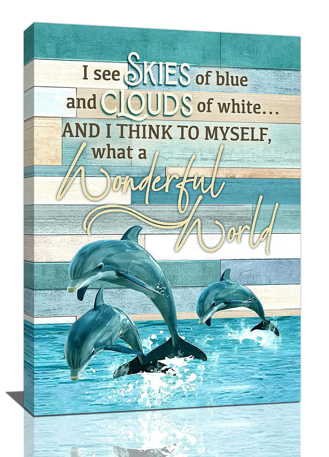 Dolphin Decor Wall Art, Blue Coastal Dolphins Pictures Wall Decor, Nautical Ocean Canvas Prints, Framed Artwork Paintings Home Office Decorations for Bathroom, Kitchen, Bedroom, Living Room 16"x24"