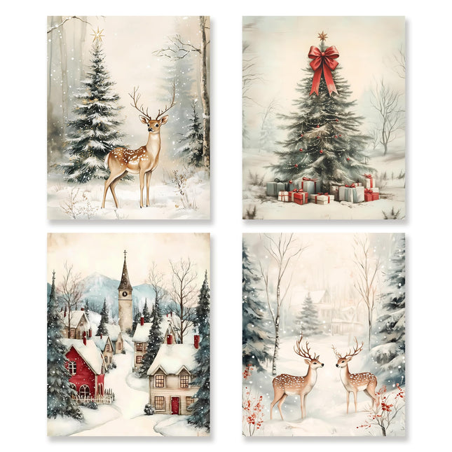 KSDUT Christmas Wall Art Decor Set of 4 - Retro Winter Snowy Artwork Poster Vintage Pine Tree Deer Town Holiday Landscape Wall Decor for Home Farmhouse Bedroom Decorations - 8"x10" Unframed