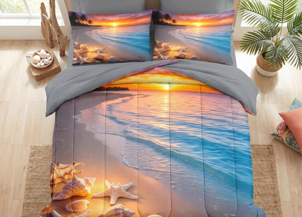 Nesker Queen Comforter Set with Sheets, 7 Pieces Beach Seashell Bedding