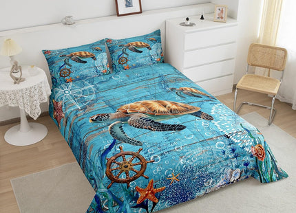Sea Turtle Comforter Set Queen for Kids Boys Girls Sailing Route Room Decor Underwater World Bedding Comforter Aldults Bedroom Adventure Duvet Set 1 Comforter with 2 Pillow Cases,Lightweight Warm Soft