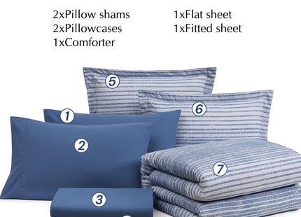 Queen Comforter Set Striped Ocean Blue Coastal 7 Pieces Bed in a Bag