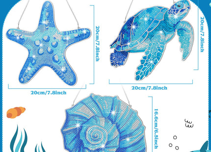 Yuefunny 3 Pcs Ocean Diamond Painting Hanging Kits, 5d DIY Coastal Diamond Art Turtle Starfish Door Sign, Summer Beach Hanging Decor for Home Garden Wall Window Under The Sea Party Favors