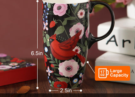 Topadorn 17oz Ceramic Coffee Mug with Lid, Cardinal Bird Floral Design Mug