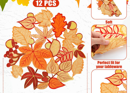 Suttmin 12 Pcs Fall Placemats 15 Inch Maple Leaves Mat Embroidered Cutwork