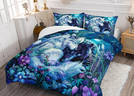 Nttopship Wolf Print Comforter Set King Size,White and Black Wolf in Flowers Bedding Set, Night Sky Forest Animals Printed Quilted Set for Girls Boys Adult,with 1 Comforter and 2 Pillow Case