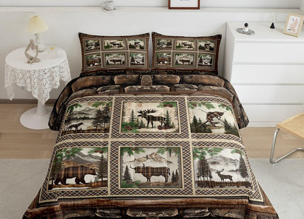 Feelyou Rustic Bear Comforter Set Toddler Size Boys Girls Farmhouse Deer Bedding Set for Kids Cabin Moose Duvet Quilt Highland Cow Brown Plaid Grid Room Decor