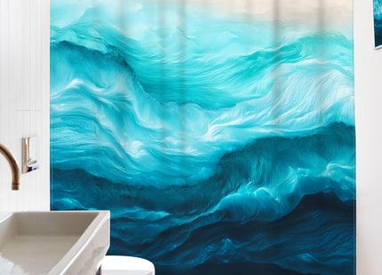 Teal Blue Ocean Shower Curtain Set Beach Sea Wave Nautical Bathroom Decor