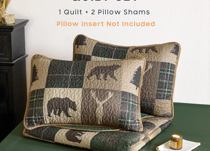 Wake In Cloud - Rustic Quilt Set, Cabin Lodge Christmas Bear Moose Deer Wildlife Western Patchwork Country, Reversible Lightweight Bedspread Coverlet, 3 Pieces, Green Brown, Queen/Full Size
