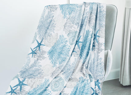 JarThenaAMCS Coastal Ocean Fuzzy Blanket Coral Seashell Starfish Throw Blanket Beach Sea Cozy Flannel Blanket for Summer Home Bed Sofa Couch Chair Nautical Decor, 70 x 60 Inch