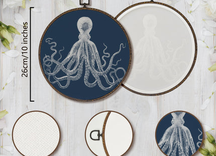 XNXLDYLH Moody Coastal Navy Blue Octopus Goth Round Framed Wall Art Decor